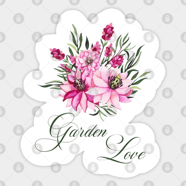 Garden Love with pink flowers for gardeners Sticker by artsytee